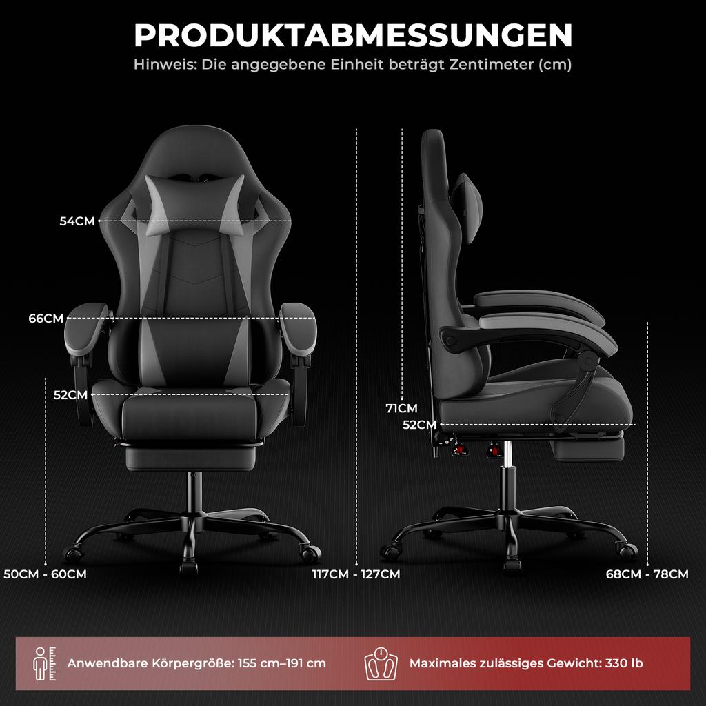 Gaming Chair Ergonomic Gaming Chair with Lumbar Cushion and Headrest, Gamer Chair Height Adjustable, PC Chair for Adults Girls Boys, Black-Grey