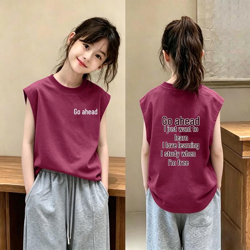 Korean Style Girls' Pure Cotton Sleeveless Vest - Summer 2026 Collection, Medium & Large Children's Loose Round Neck T-shirt