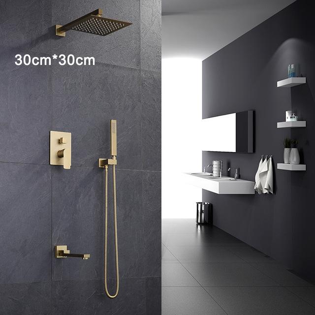 Badezimmer Duschset Schwarz/Gebürstetes Gold Quadratische Regendusche Duscharmatur Wand- oder Deckenmontage Duschmischer 12" Duschkopf