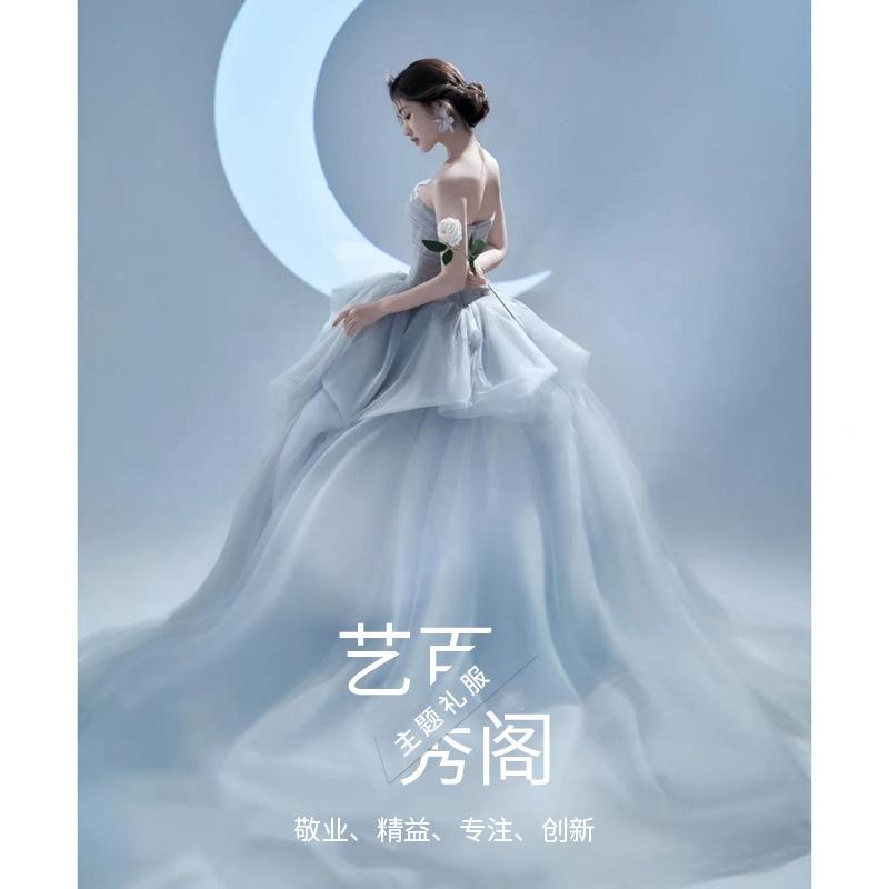 

Платье свадебное с открытыми плечами 2025 новая одежда свадебное платье для пары цветная пряжа Мори вечернее платье XXXL синий