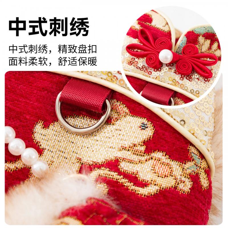 Pet Cat Dog Winter Warm Chinese Style Dress With Button Knot Design Festive New Outfit Small Pets