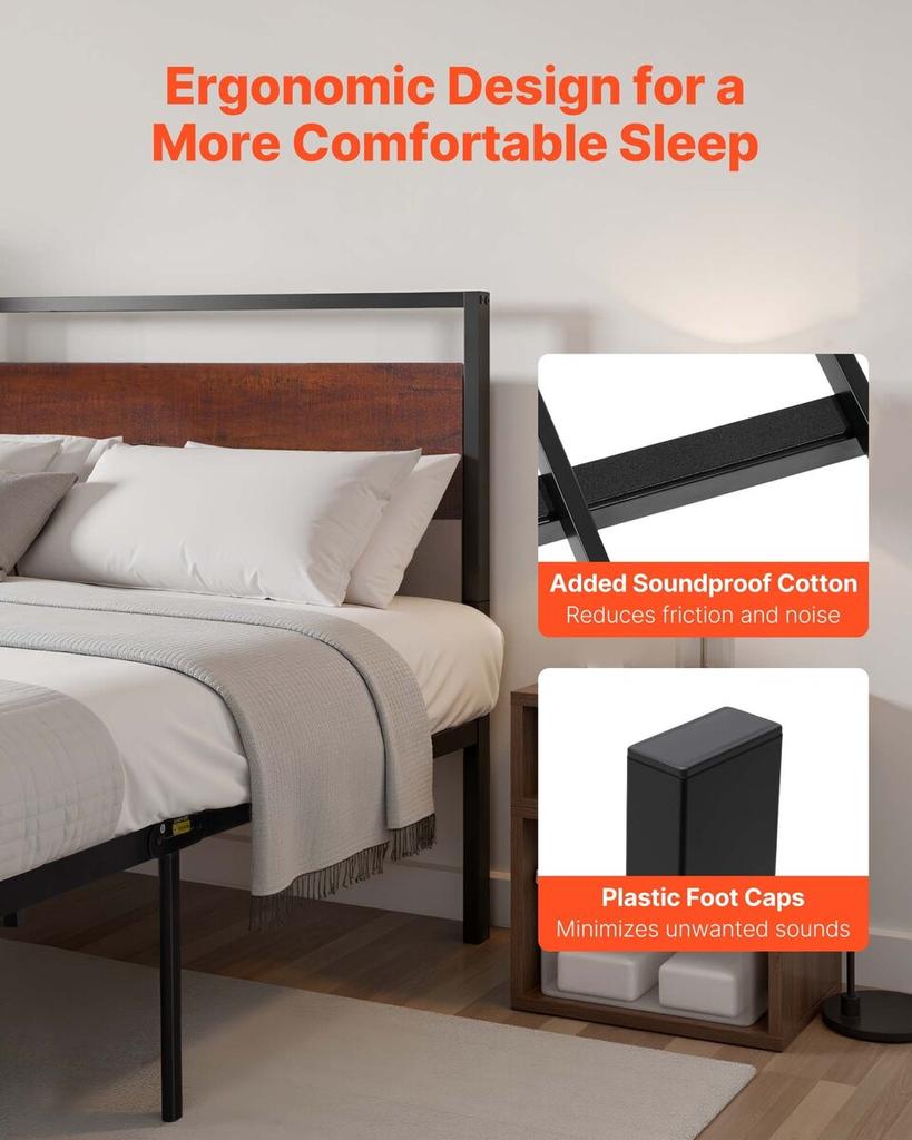 Queen Size Bed Frame, 35 cm Black Metal Platform Bed Frame with Retro Brown Wooden Headboard and Footboard, Large Under-Bed Storage, Non-Slip Without