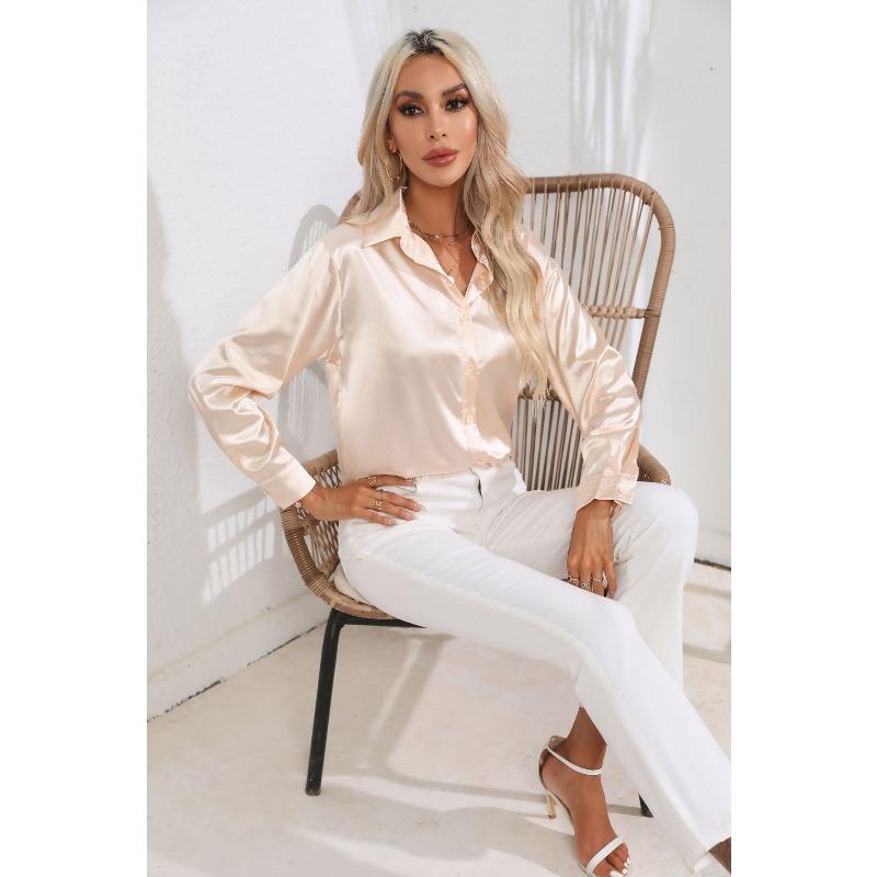 JPNTKY Women's Fashion Casual Solid Color Print Long Sleeve POLO Neck Blouses & Shirts