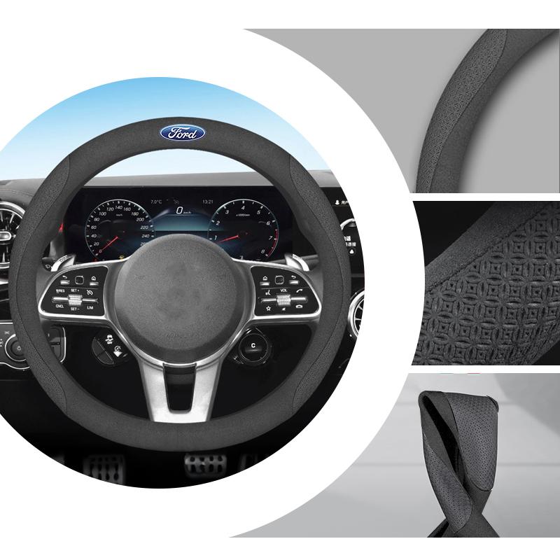 Leather Steering Wheel Cover Anti-Slip Breathable Protector For Ford Mustang Fiesta Focus Mondeo Kuga Edge Explorer F150 Sticker