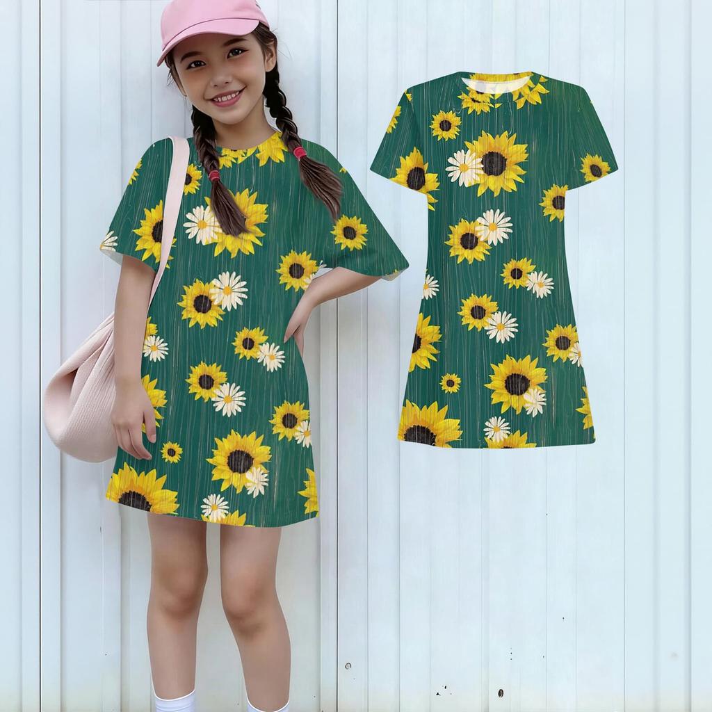 Girls Print Casual Dress Kids Loose Round Neck Short Sleeve Thin Sundress