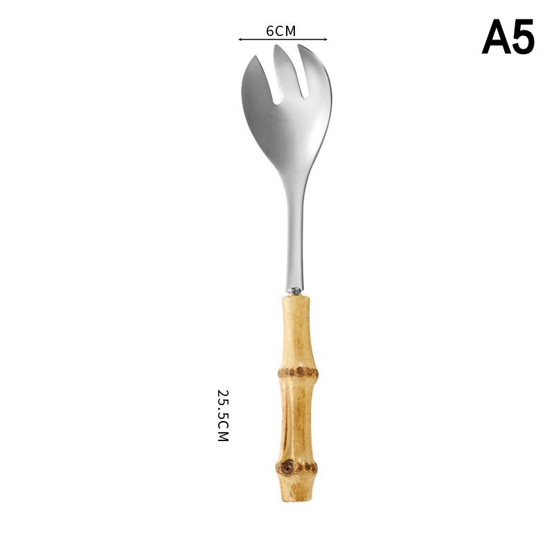 Long Handle Serving Spoon Fork Stainless Steel Gold Silver Bamboo Wooden Salad Spork Dessert Salad Spoon Tableware Set Kitchen