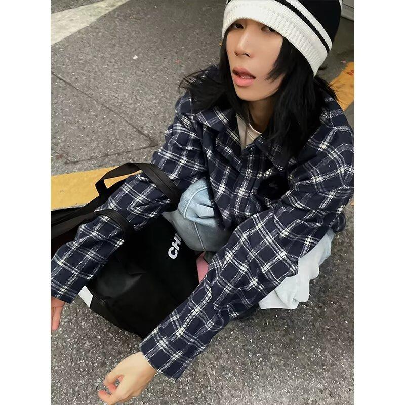 American Plaid Shirt for Women Spring and Autumn New Plus Size Design Color Matching Long Sleeve High-Grade Couple Shirt Coat