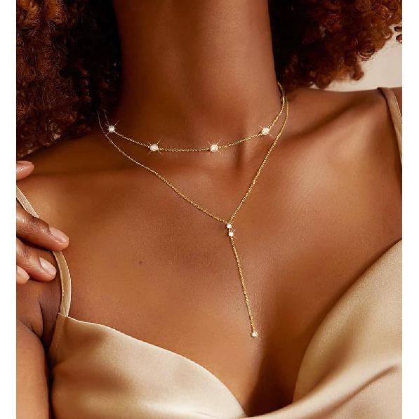 IF YOU Lariat Gold Lange Halsketten für Damen Trendig, Zarte 14K Vergoldete Tropfenkettenhalskette, Mehrlagige Rosenkranz-Perlen Y-Halsketten Schlichte Mode