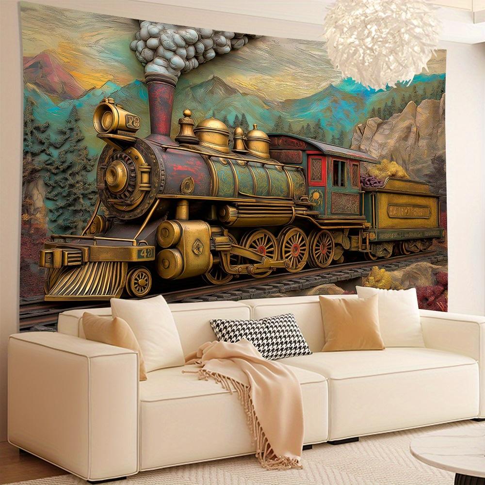 Gobelin ścienny 3D w stylu vintage z pociągiem parowym, poliester, 1 szt., dekoracja domu i biura, dekoracja salonu, sypialni, na imprezę, bez piór