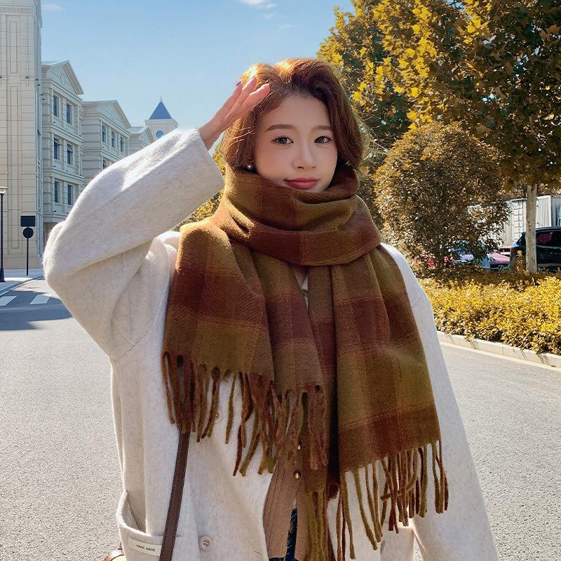 Retro Plaid Scarf Women's Autumn and Winter Atmosphere Imitation Cashmere Student Warm Versatile Scarf Shawl