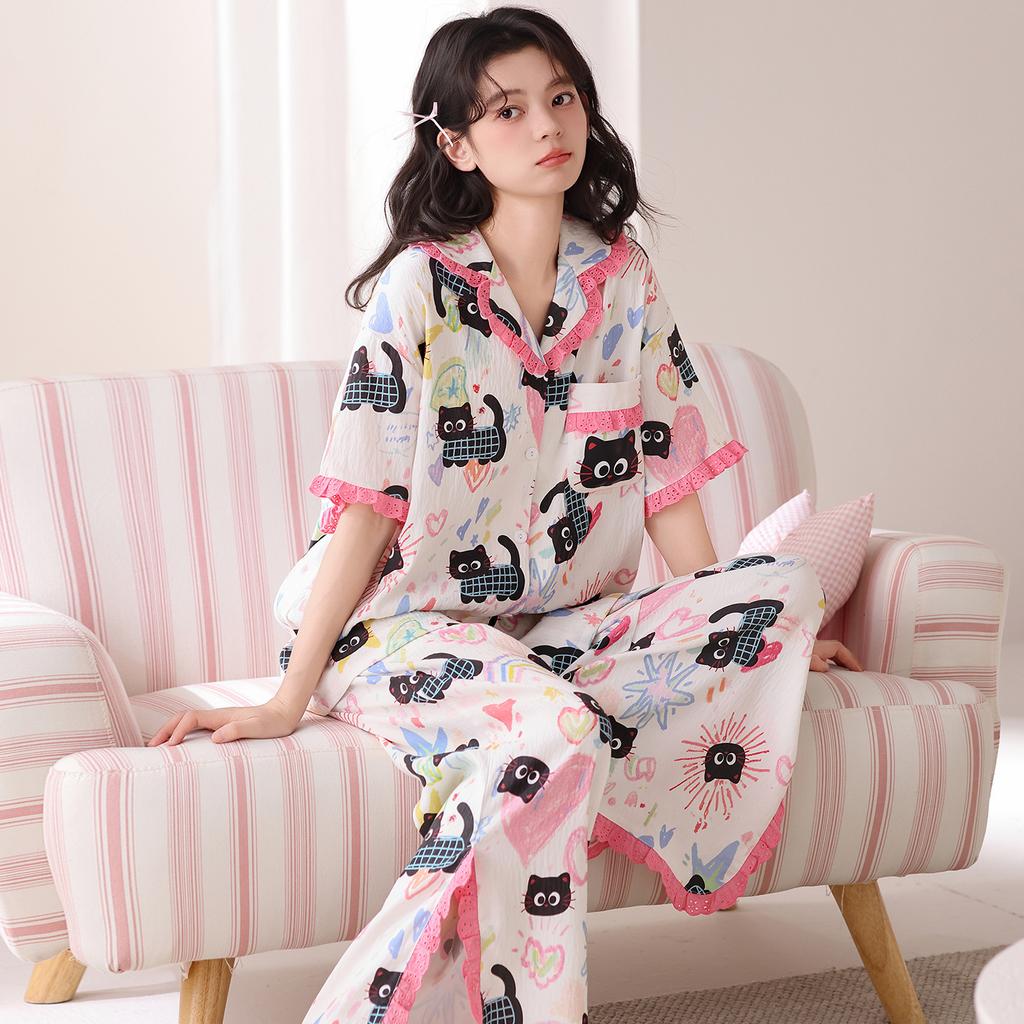 Pajamas Women's 1011 New Summer Cloud Cotton Cartoon Sweet Wide-leg Pants Cute Can Be Worn Outside Loungewear Set