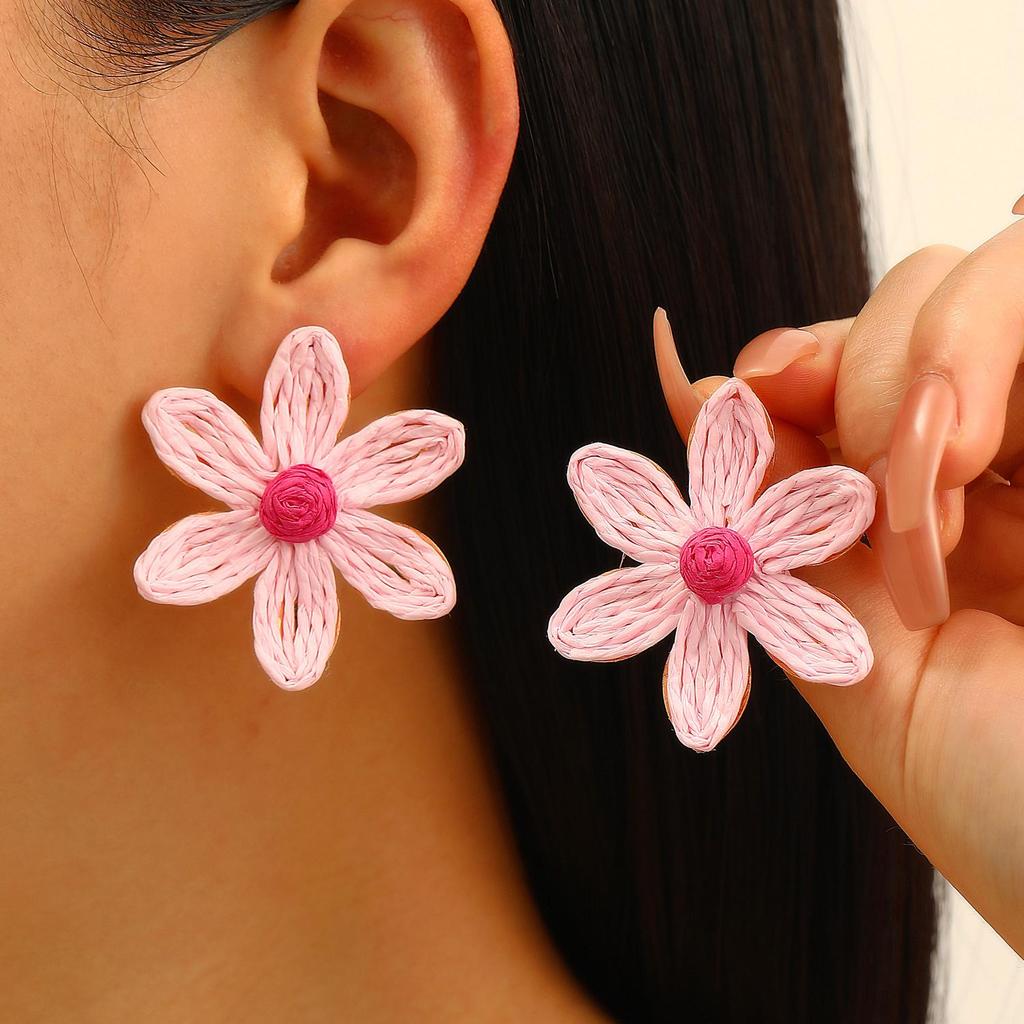 Summer Flower Earrings For Women Dopamine Vacation Style Exaggerated Starfish Earrings Hand Woven Lafite Grass Earrings For Women