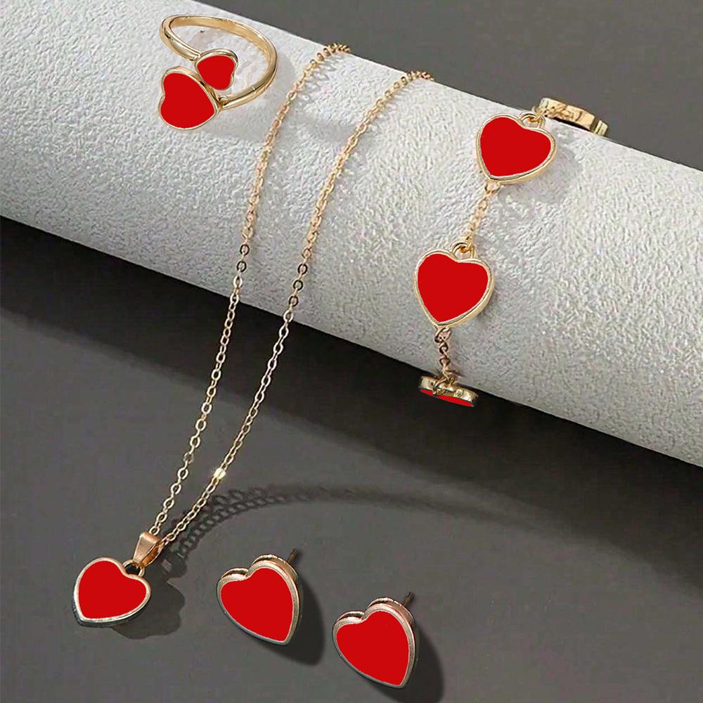 

5 шт. Женский цирконовый набор Модный и элегантный ожерелье в форме сердца, браслет, кольцо, серьги Цирконовый набор, подходит для повседневного сочетания красный