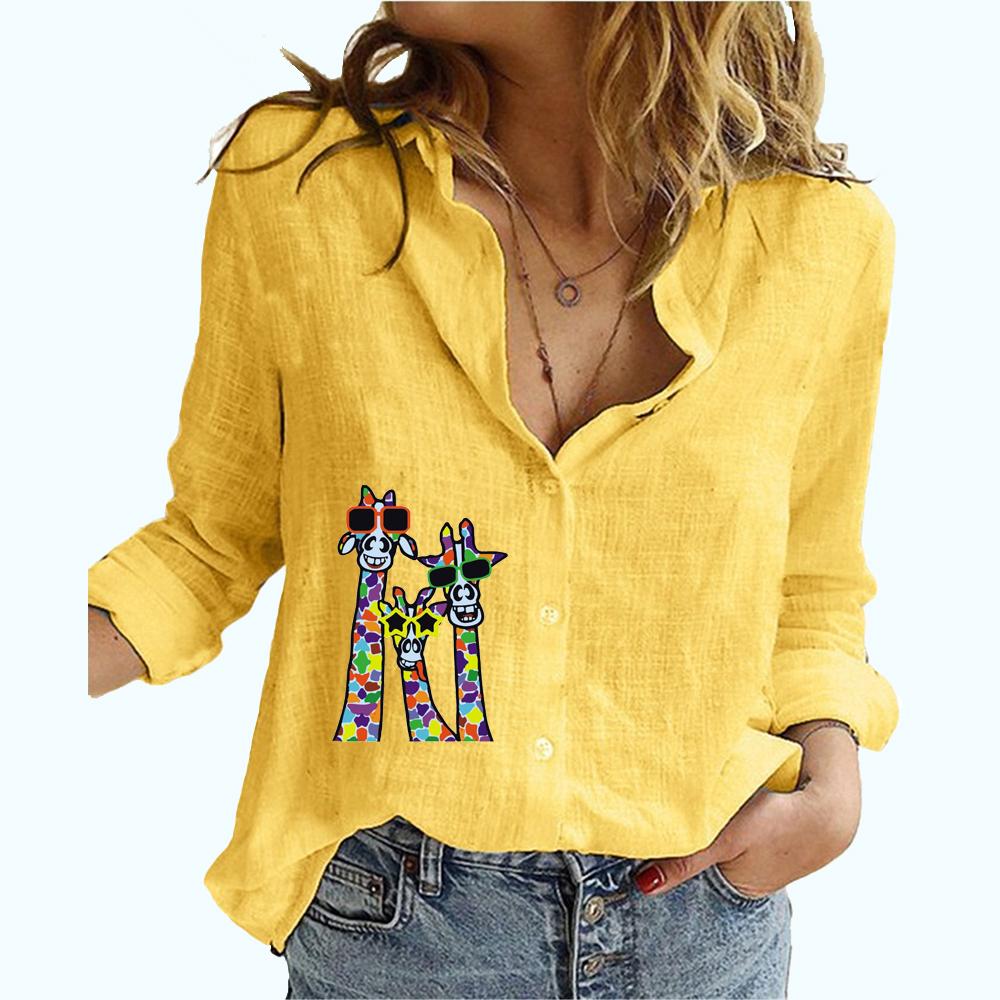 

Женская мода с принтом жирафа, женская повседневная рубашка из хлопка и льна с длинным рукавом, свободные блузки на пуговицах больших размеров 5XL жёлтый