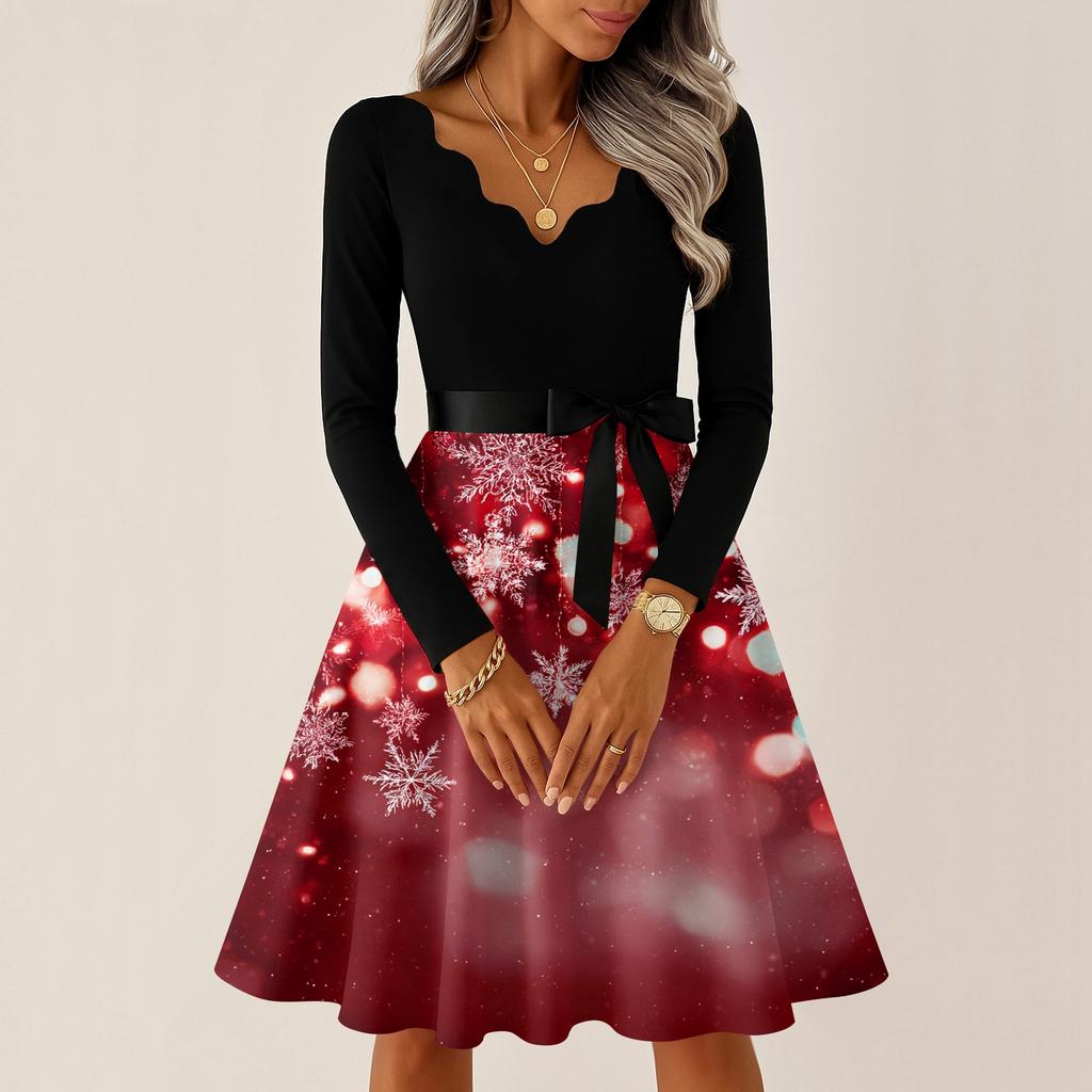 Women's Casual Fashion V-neck Long Sleeved Retro Christmas Print Retro Dress