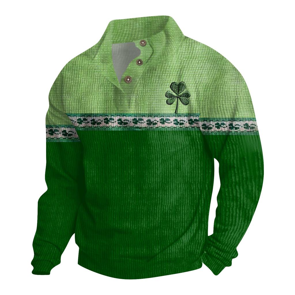St. Patrick Men's Cotton Pullover Long Sleeve Outdoor Shirt Vintage Corduroy Button Stand Collar Shirt Casual Sweatshirt Print Top