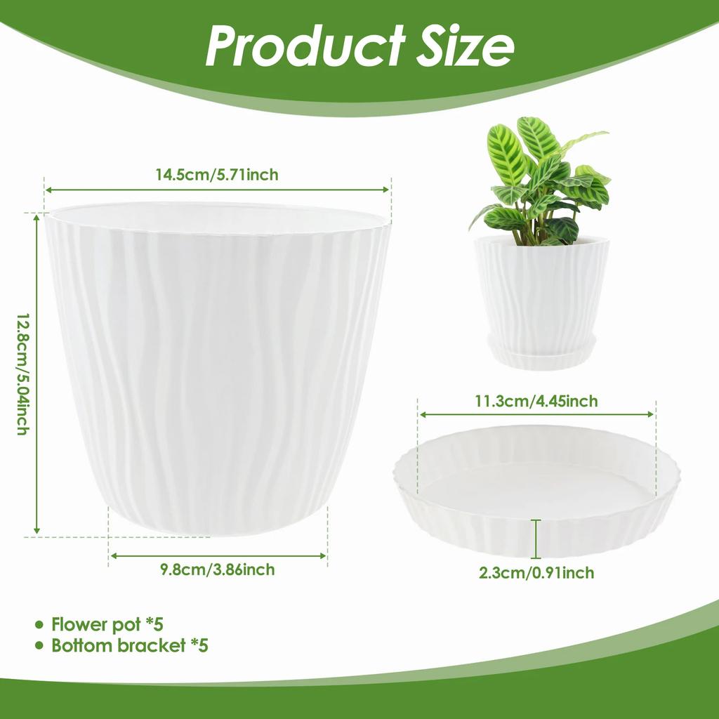 5Pcs Set Flower Pot PP Vegetation Pots with Drainage Holes and Saucers Thickened Multipurpose Succulent Pots for Indoor&Outdoor