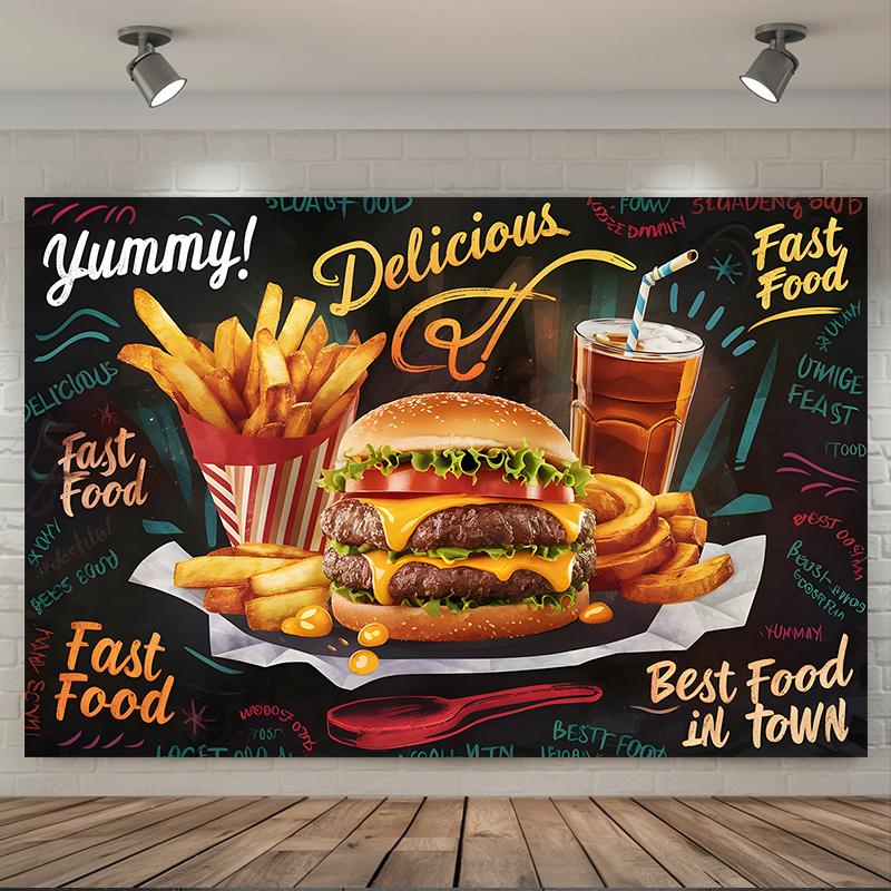 1 hamburger and French fries fast food themed banner designed as  Delicious! Delicious!  with multiple sizes to choose from 100x150cm