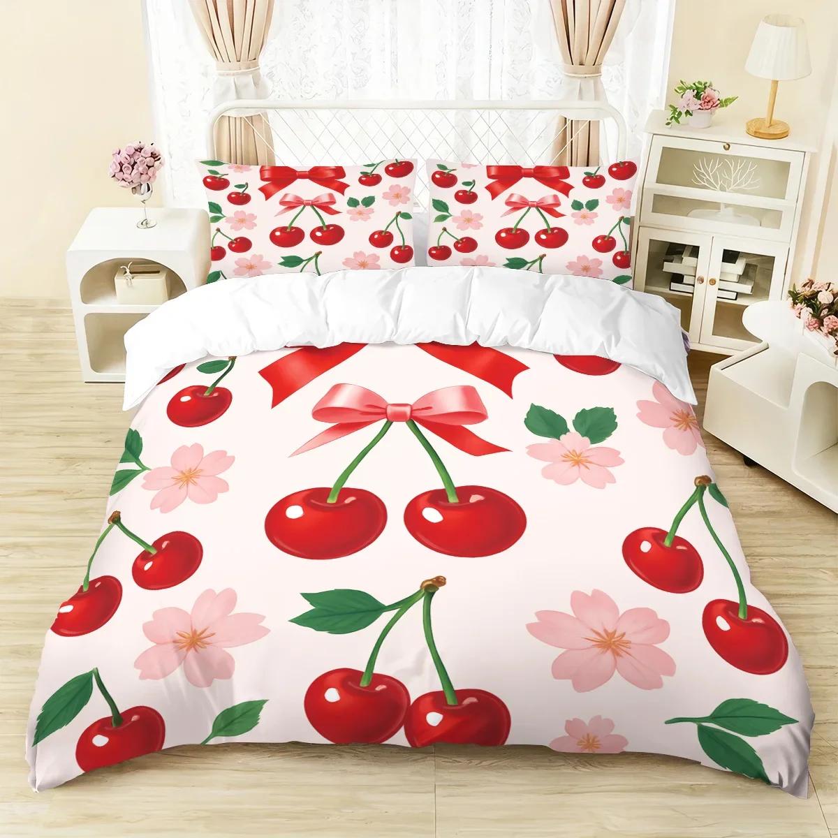 

3pcs pink bow cherry patterned duvet cover set, 1 duvet cover+2 pillowcases, coreless. Soft and comfortable bedding set EU Twin(135x200cm)