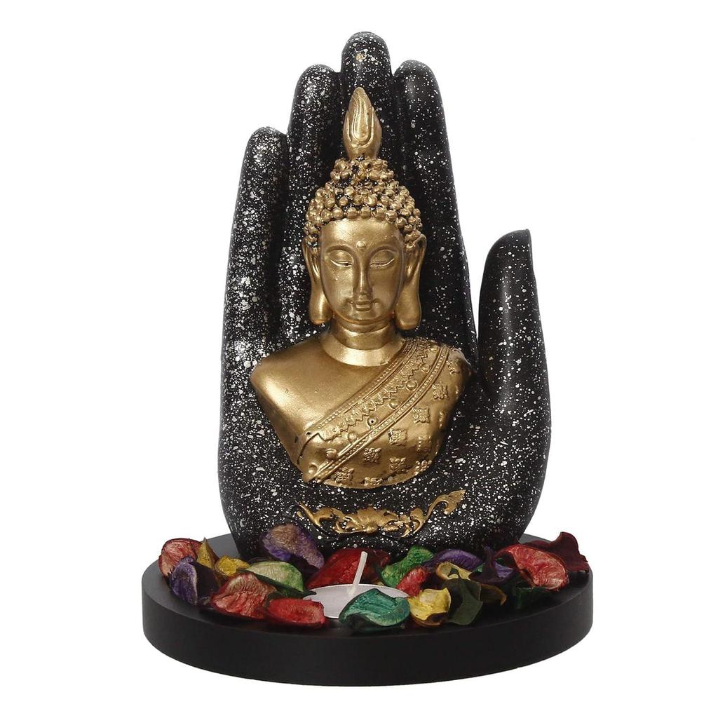 Black Golden Resin Palm Buddha Statue Tea Light Candle Holder | Buddha Showpiece for Home Decor Living Room Office |
