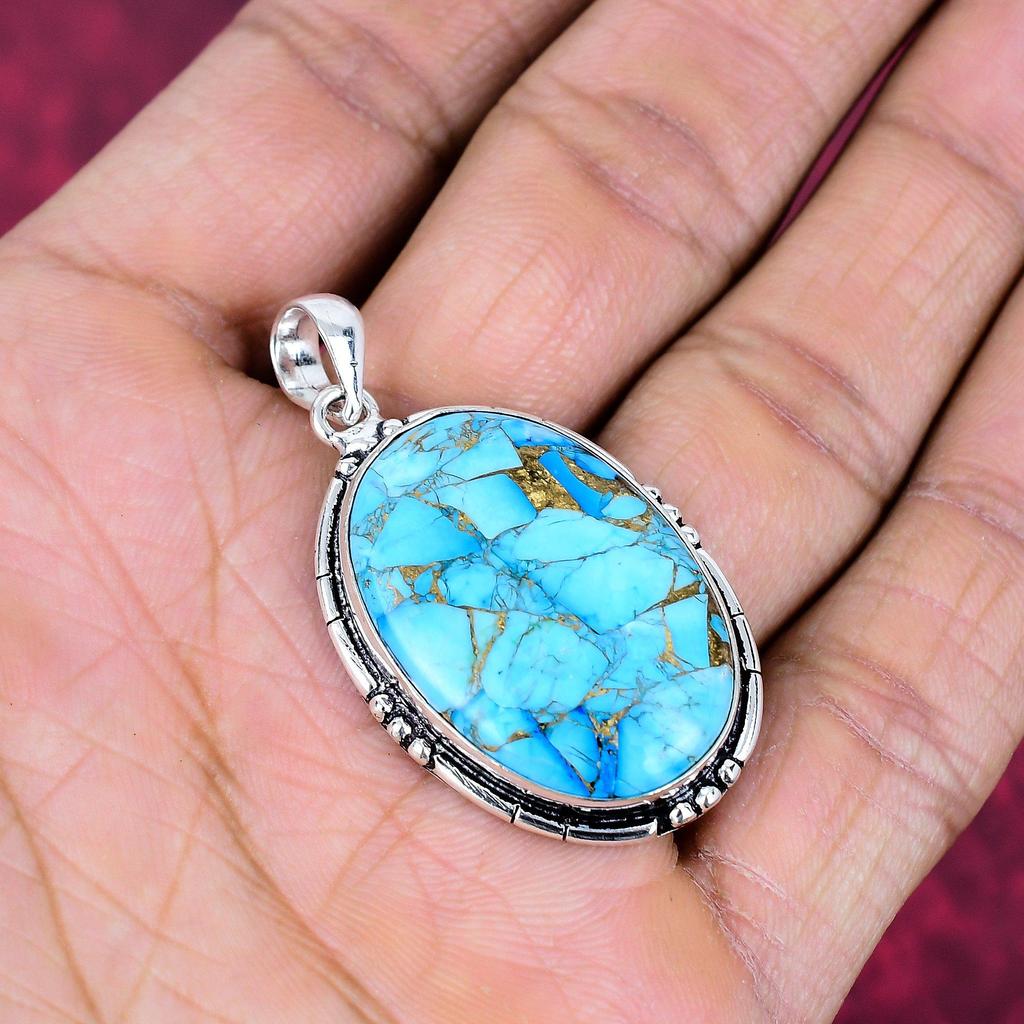 Blue Turquoise Handmade Gemstone Pendant, 925 Solid Sterling Silver Antique Jewelry Pendant, For Engagement Gift