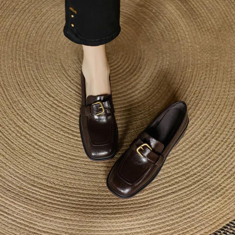 Fashion New Autumn Winter Split Leather Women Pumps Shoes for Women French Square Toe Loafers Zapatos Mujer Chunky Heels Ladies Shoes