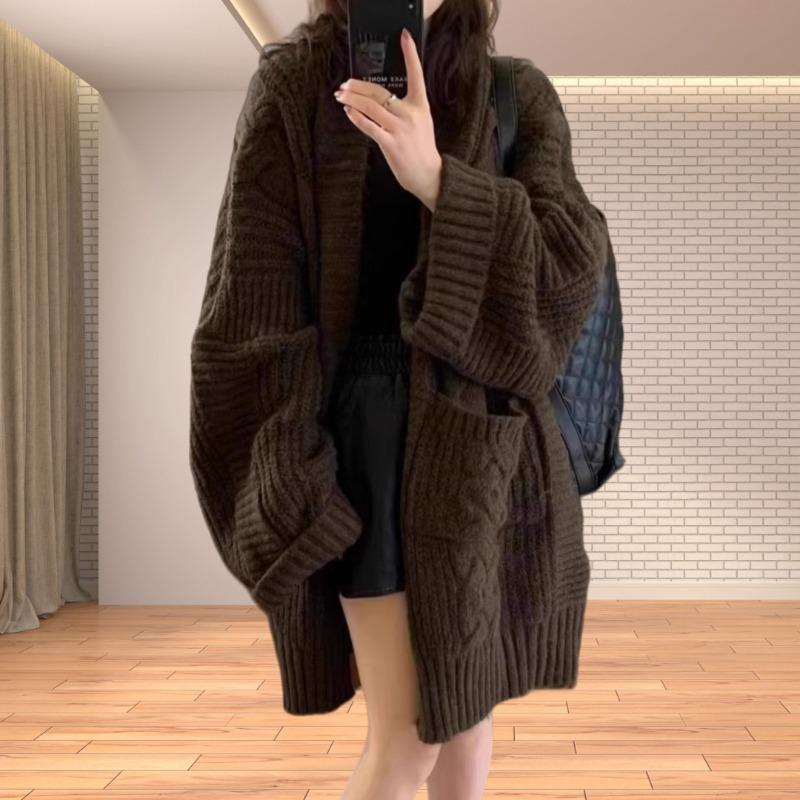 Korean Sweater Lazy Style Loose Knitted Sweater Cardigan Women's Coat Mid-length Thickened Autumn and Winter Outerwear