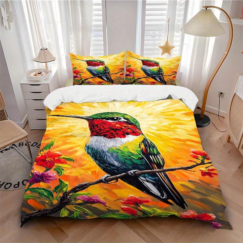 

3pcs Hummingbird Flowers Soft Comfortable Bedding set, For Bedroom, Guest Room And Dorm, All - Season Use, High-Definition Printing111 135x200cm