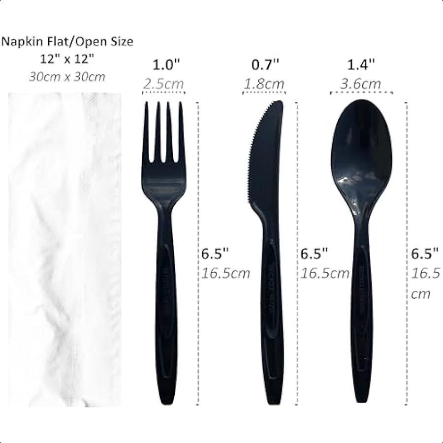 

50 Наборов Тяжелых Одноразовых Пластиковых Столовых Приборов в Пакетиках Нож Вилка Ложка Салфетка Сделано из Переработанного Пластика и 100% Перерабатываемый United States