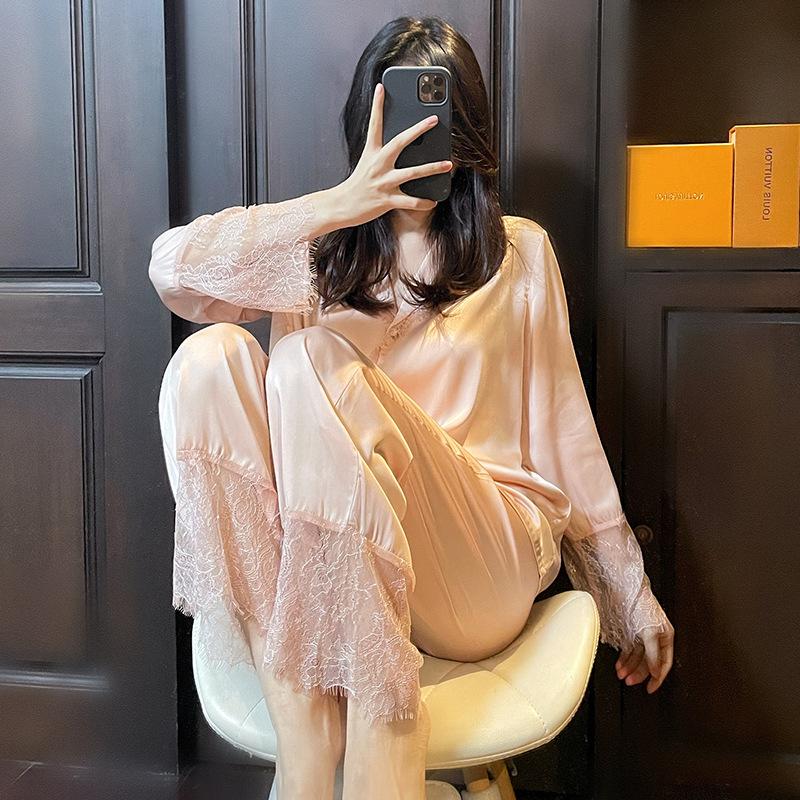 Pajamas Women'S Spring And Summer Pink Girly Style Long-Sleeved Trousers Sexy Lace Two-Piece Suit Loungewear