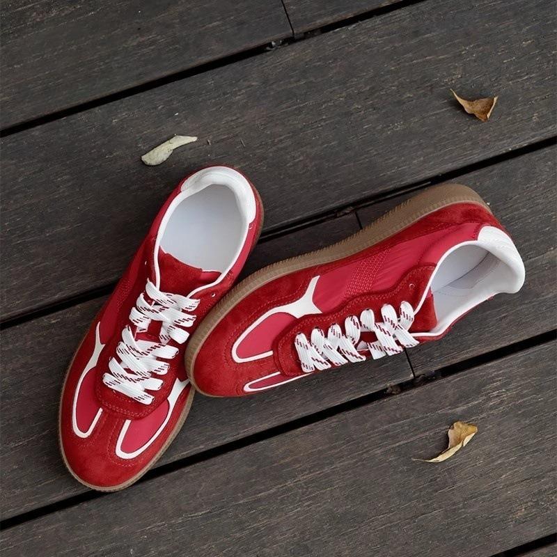Cowhide version of Mas red women's versatile platform color matching casual sports shoes lace-up board shoes genuine leather
