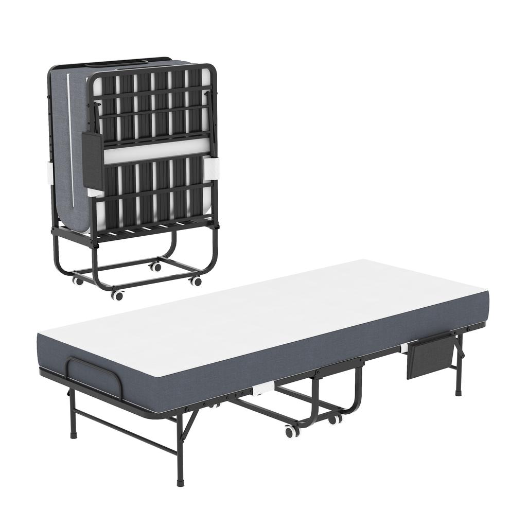 190 × 78 Cm Folding Twin Bed with 9.5 Cm Memory Foam Mattress, Portable Guest Bed/Rollaway Bed Incl. Sturdy Metal Frame & Storage Bag