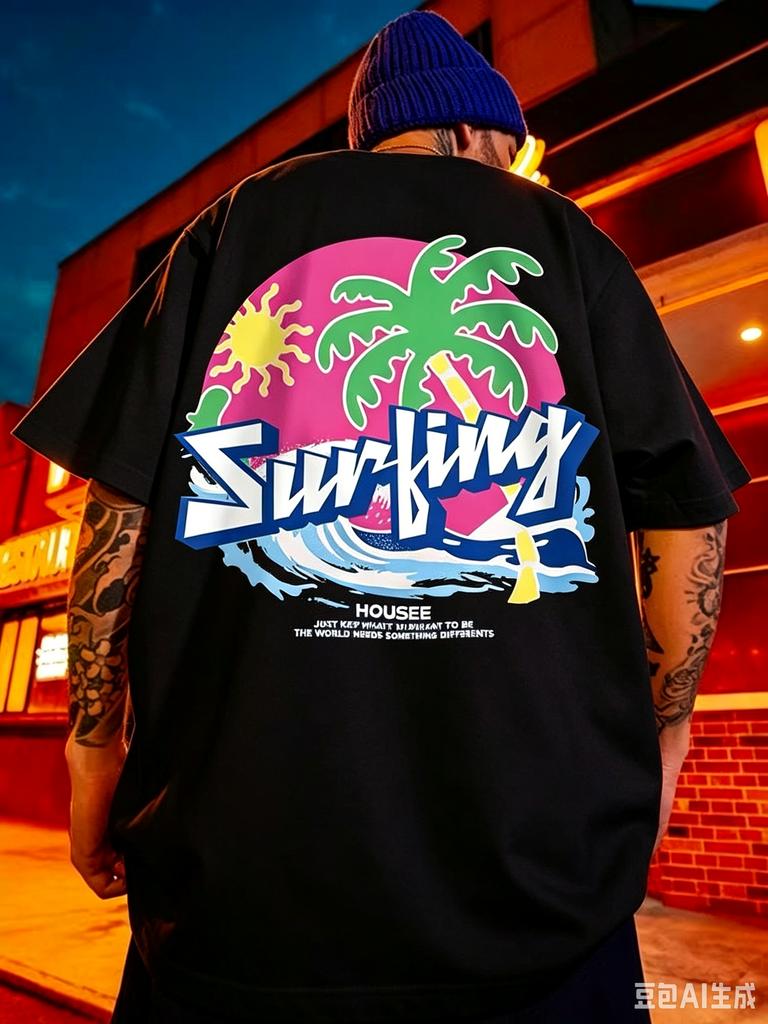 Unisex Surfing Palm Tree Graphic T Shirt Retro Beach Sun Wave Print White Oversized Short Sleeve Vacation Streetwear Tops