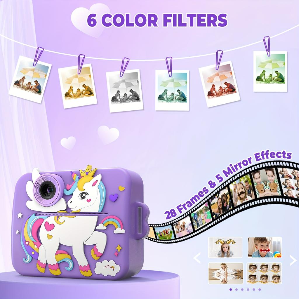 Kids Camera Instant Print with Silicone Cover, Creative Gifts for Girls Age 12+ Birthday , 1080P Digital Camera Toy