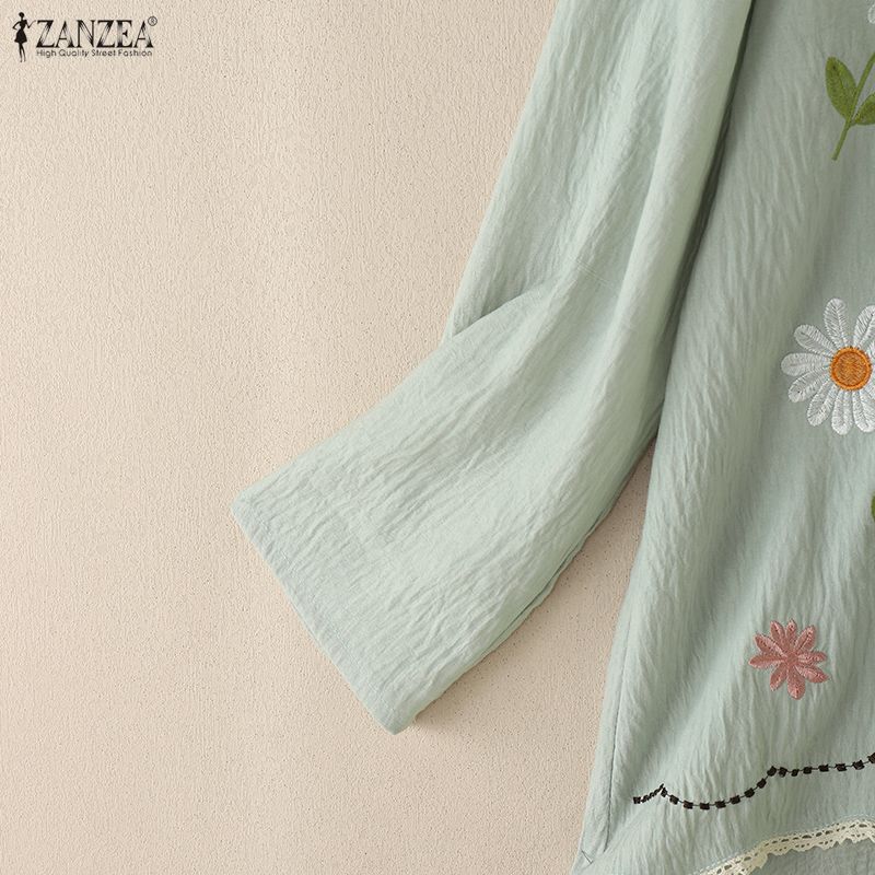 ZANZEA Damska codzienna bluzka z luźnym długim rękawem i kwiatowym haftem