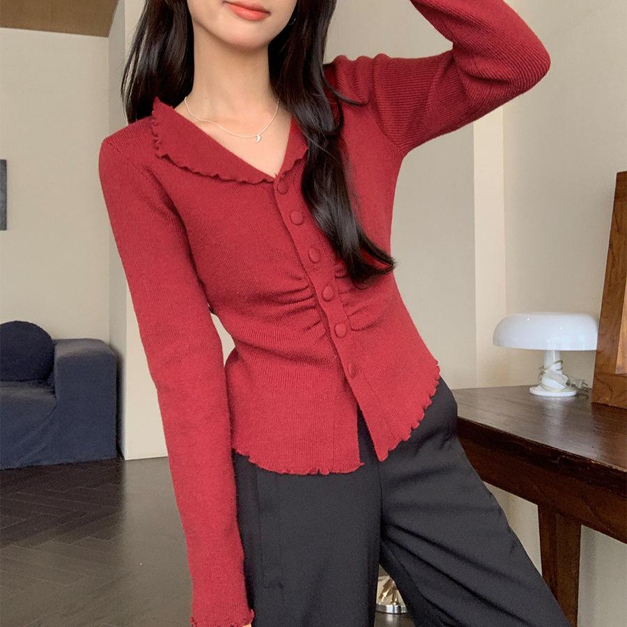 

Core-spun yarn washing water, Korean lapel fungus edge soft waxy knitted cardigan women s new inner versatile One Size