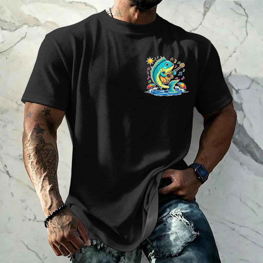 Men's Vintage Textured Print Short Sleeve T Shirt Loose Fit Casual Summer Daily Wear Top with Graphic Fish Design