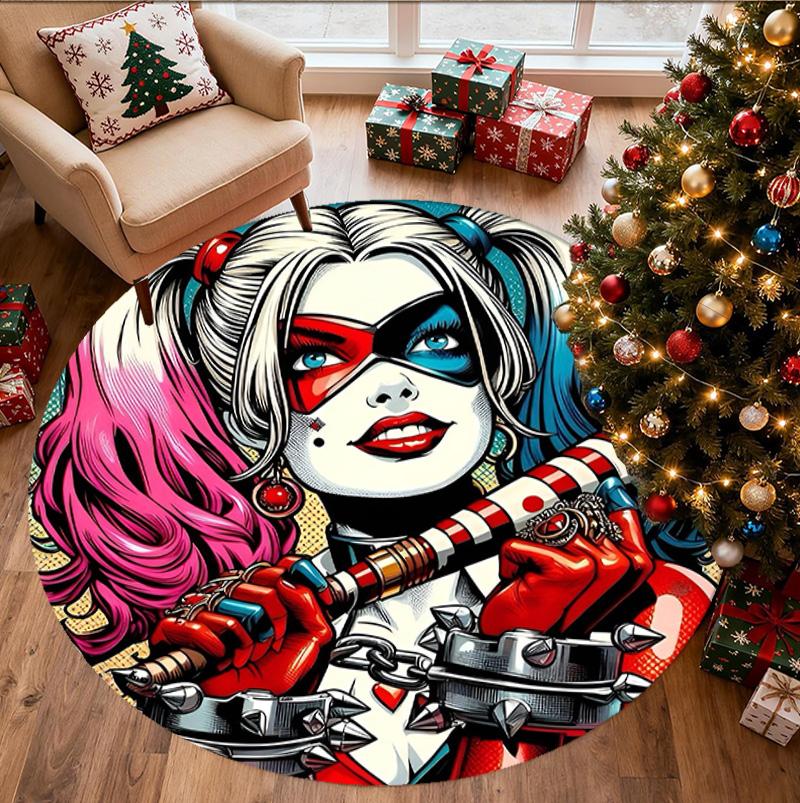 Harley Quinn Joker Pattern Round Rug, Indoor/Outdoor Mat, for Picnic, Gameroom, Bedroom, Office, Living Room, Home Decor Carpet, Birthday Gift
