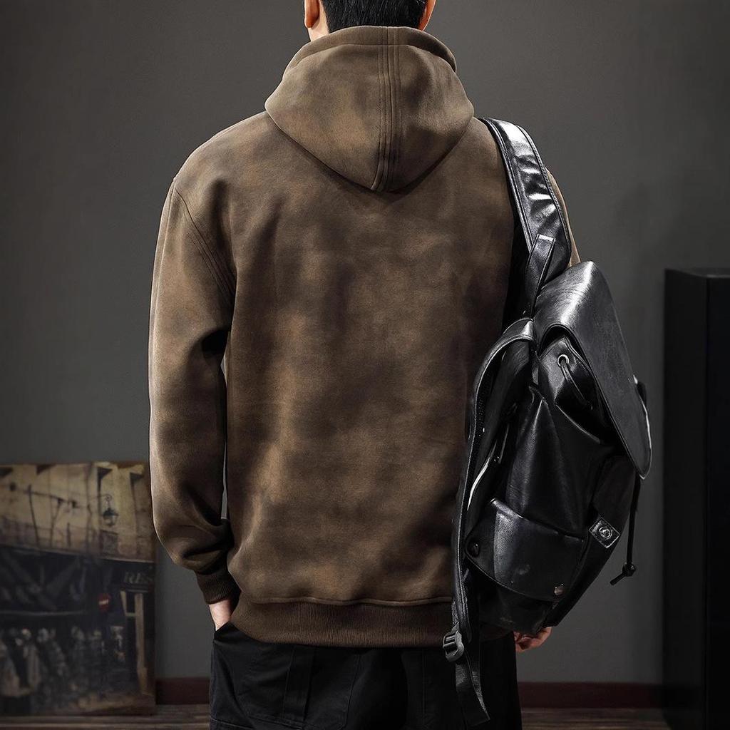 Men's Heavyweight Retro Hooded Sweatshirt: Autumn/Winter Thickened Style with Stamped Half-High Collar.