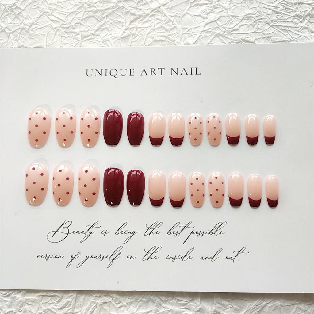 C452 Polka Dot Press-On Nails: Ballerina Tips, Nude Finish False Nail Stickers