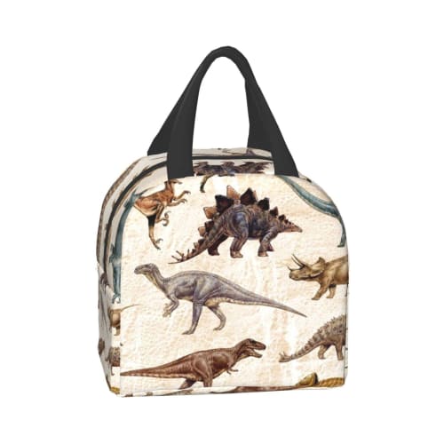 LDU Black Dinosaur Pattern Cartoon Lunch Bag, Black Bento Box, Insulated Cooler Bag with Zipper, Compact Soft Cooler Bag, Tote Eco Bag