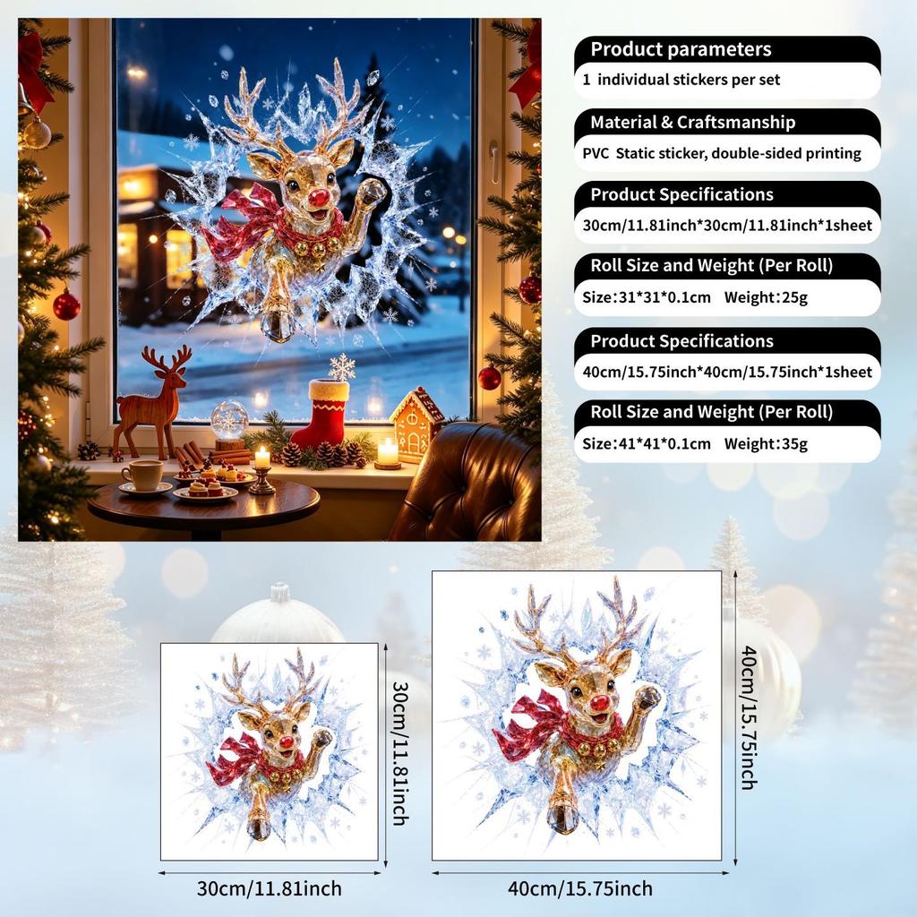 3D Crystal Reindeer Static Cling Window Sticker Christmas Decoration Removable No Residue Glass Storefront Decor