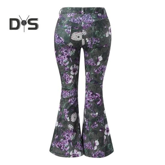 Women Denim Pants High-Waisted Floral Print Flared Jeans with Pockets Belt Ring Lightweight Breathable Jeans