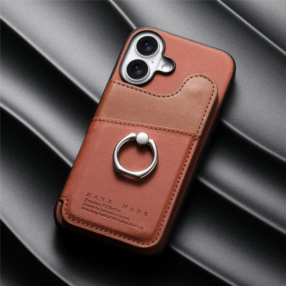 Etui na telefon z klapką i uchwytem na kartę, blokujące RFID, do iPhone'a 16 E 16 15 14 Plus 13 12 11 Pro Max, skórzany uchwyt na pierścień