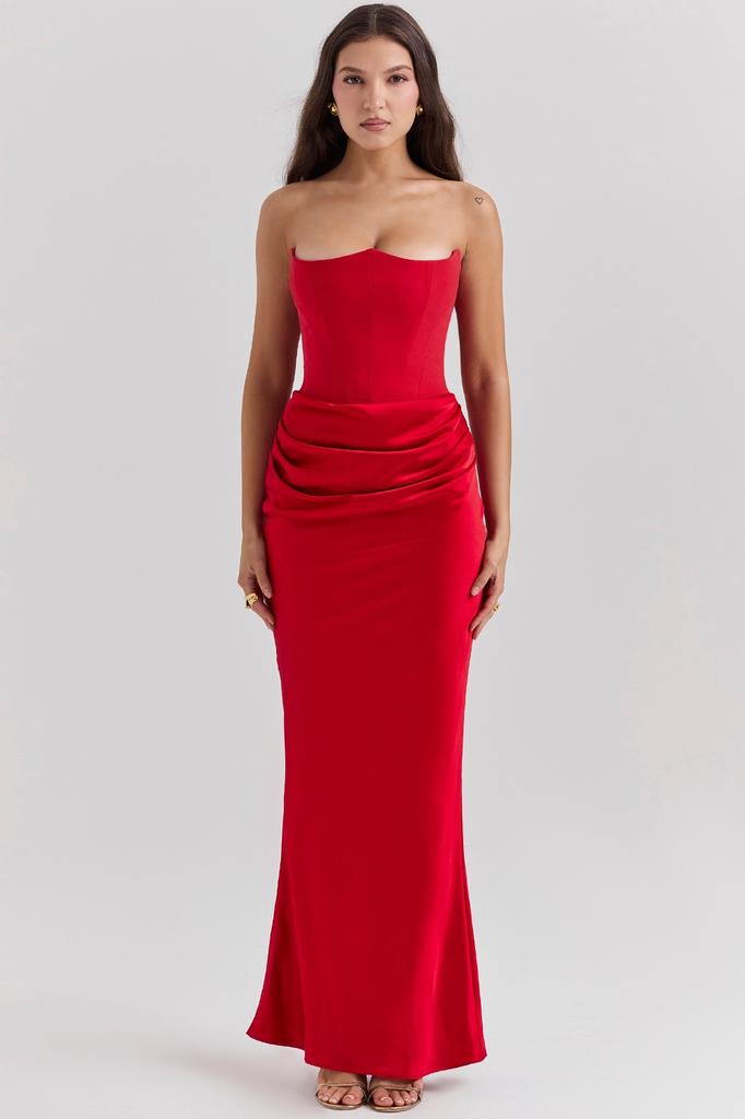 New red tube top fishbone sexy slim fishtail fishtail dress long solid color dress women