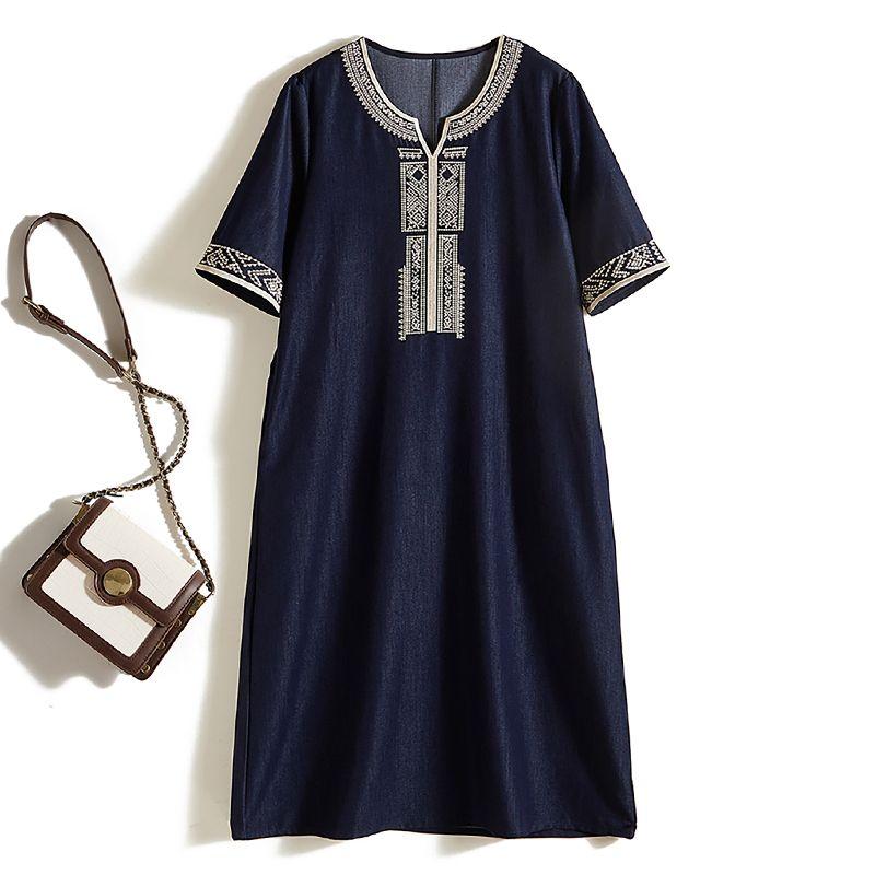 

Positioning Retro Court Embroidery Design Skirts! Summer Commuter Temperament Women Summer Side Pocket over the Knee Blue Dress Dark blue XL