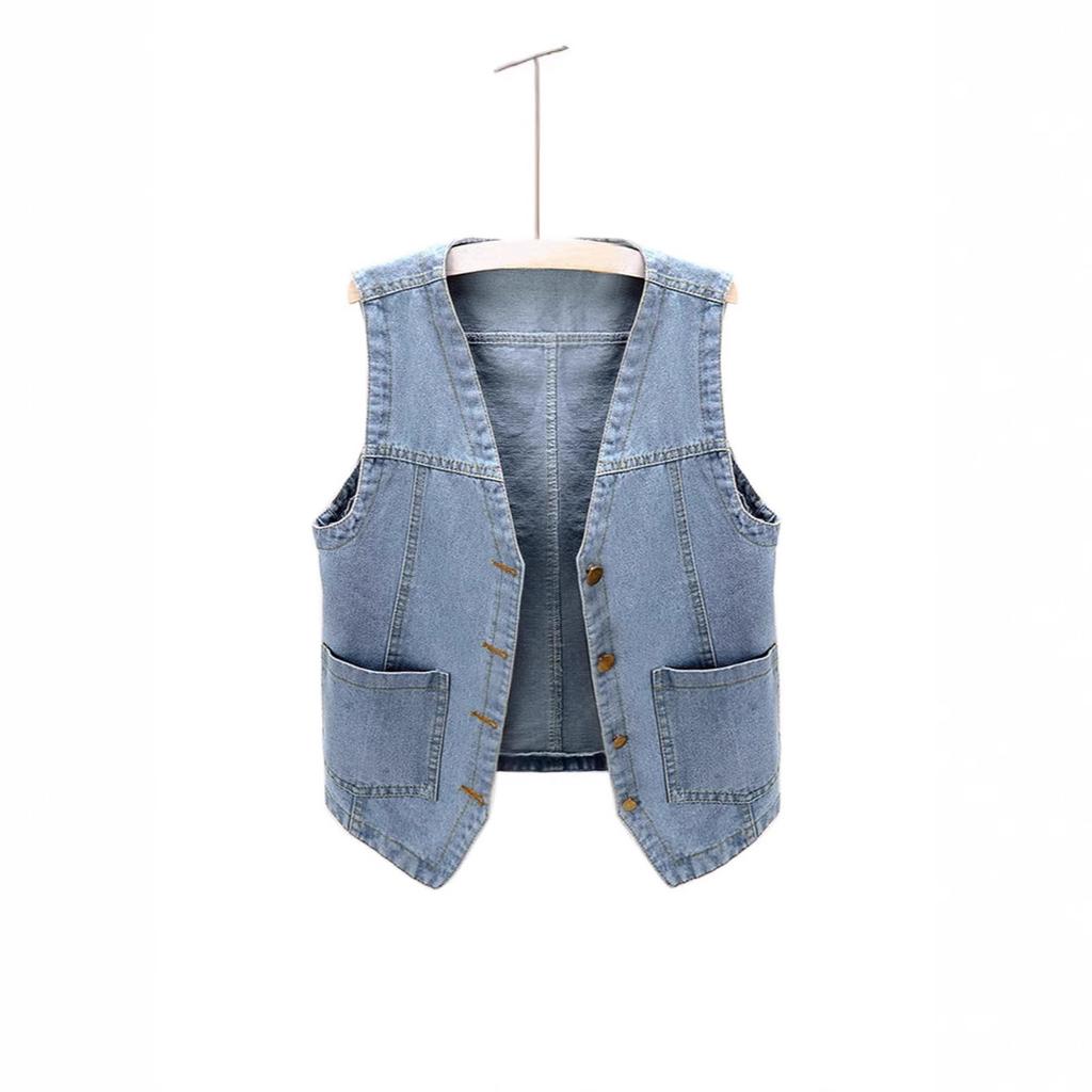 Women Sleeveless Denim Vest Casual Loose V Neck Waistcoat Single Breasted Pocket Jean Vest Short Outerwear Tank Jacket