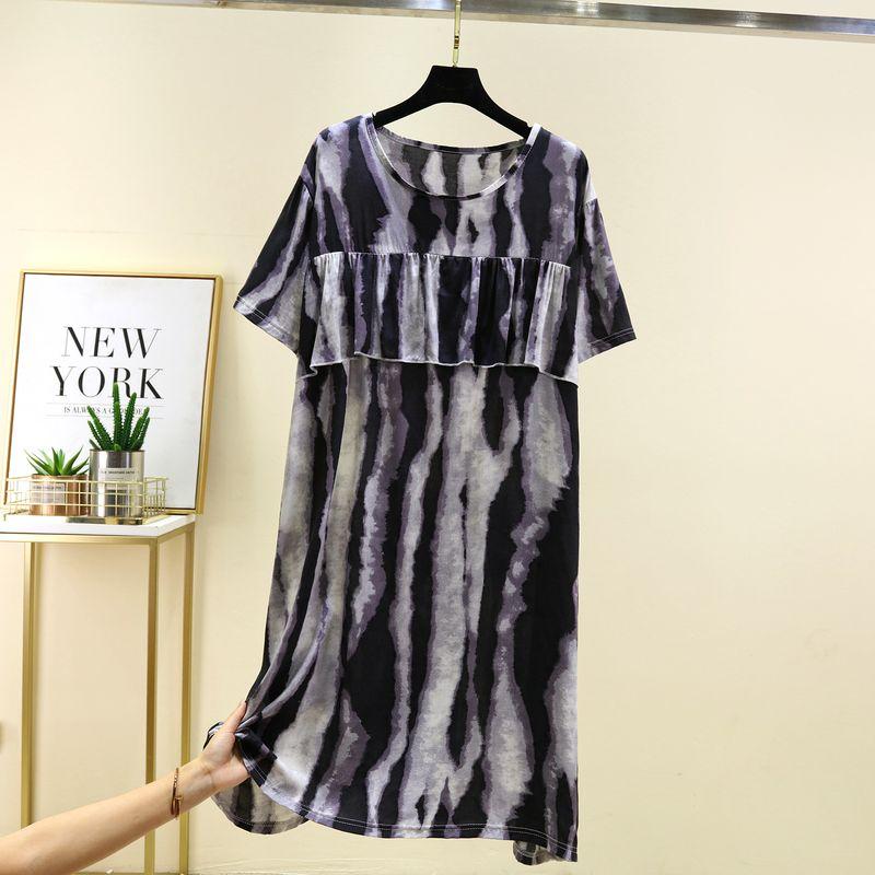Bourette Short sleeve Dress Women Summer Thin Waist Hugging Home Dress Mid-Length A- line Skirt Artificial Cotton Loose Nightdress