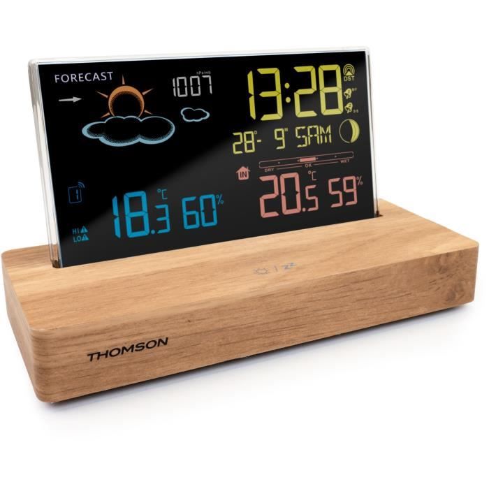 Despertador estación meteorológica - THOMSON - Madera oscura - Pantalla temperatura, Humedad, Doble alarma, USB-C, Sonda inalámbrica