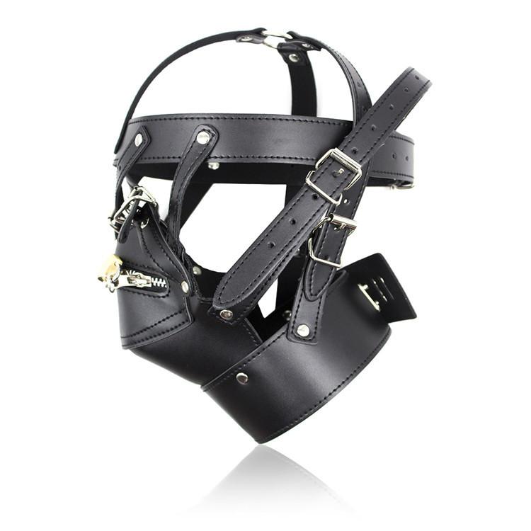 PU Leather Head Hood Harness Lockable Mouth Zipper Mask Padlock  Sex Toys  Bondage Headgear Slave Restraint Adult Game